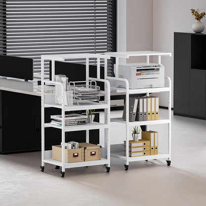 4 Tier White Printer Stand with Storage Shelf, Large Tall Printer Table for Home Office, Rolling Printer Cart with Industrial Wheels for Paper Shredder Scanner Fax Heat Press Small Space (White)