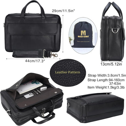 Masa Kawa Leather Briefcase for Men 15.6", 17" Laptop Computer Case Business Travel Work Messenger Cross Body Shoulder Bag