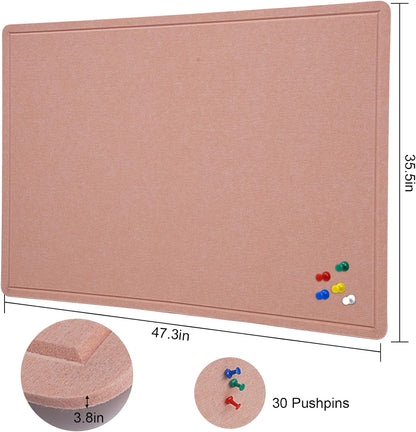 Large Bulletin Board - 48 X 36 inches Decorative Felt Pin Board - 4' x 3' Cork Board Alternative for Wall - Foldable Photo Board Self-Adhesive Vision Board Prayer Board with 30 Pushpins - Pink