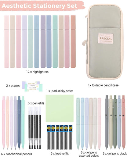 SKYDUE Cute School Supplies 44 PCS, Aesthetic Pencil Case with 12 Pastel Highlighters, 5 Black Gel Pens, 6 Color Gel Pens & Mechanical Pencils, College Essentials Students Stationary Set Green