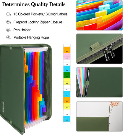 ENGPOW 13 Pocket Expanding File Folder,Fireproof Accordion File Folder Document Organizer with Zipper Closure,Document Folder Safe with Colorful Tabs,A4 Letter Size for Travel,Home,Office,Green