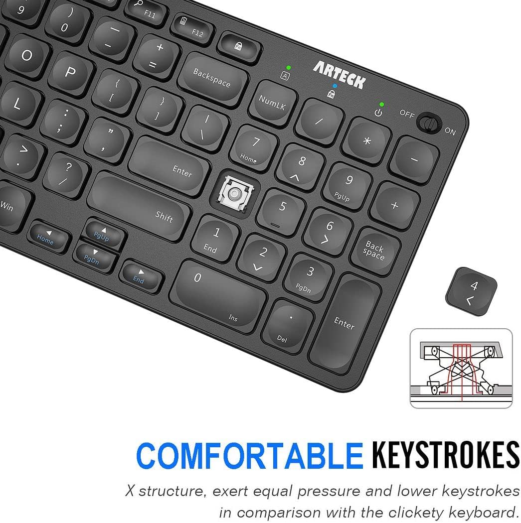Arteck 2.4G Wireless Keyboard Ultra Slim Full Size Keyboard with Numeric Keypad and Media Hotkey for Computer/Desktop/PC/Laptop/Surface/Smart TV and Windows 10/8/ 7 Built-in Rechargeable Battery