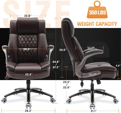 Large High Back Office Chair - Adjustable Lumbar Support Flip Up Arms Heavy Duty Quiet Wheels Metal Base Breathable Bonded Leather Ergonomic Executive Computer Desk Chair with Storage Bags, Brown