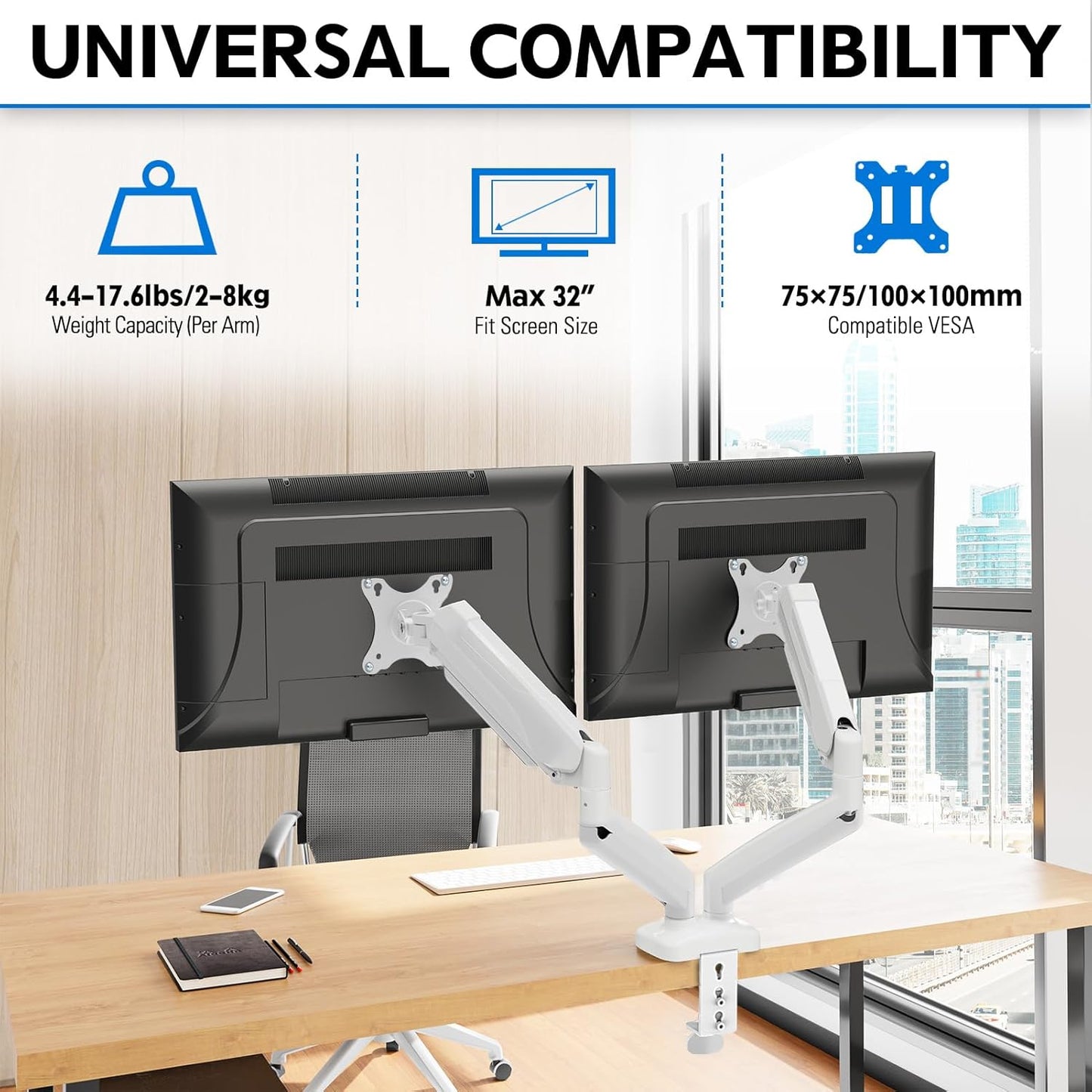 MOUNTUP Dual Monitor Stand for Desk, Pneumatic Monitor Arms for 2 Monitors Max 32 Inches, Height Adjustable Double Monitor Mount, VESA Mounts with C-Clamp & Grommet Base, Holds 4.4-17.6lbs, White