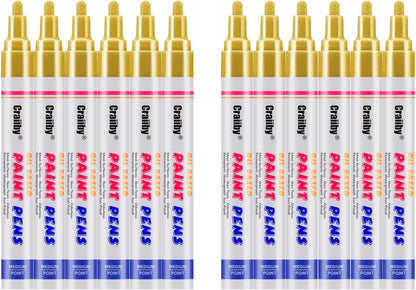 Paint Markers, 12 Pack Oil-Based Waterproof Quick Dry Permanent Paint Pen Set for Rocks Painting, Wood, Fabric, Plastic, Canvas, Glass, Mugs, Metal, Tire, Stone, DIY Craft (Gold)