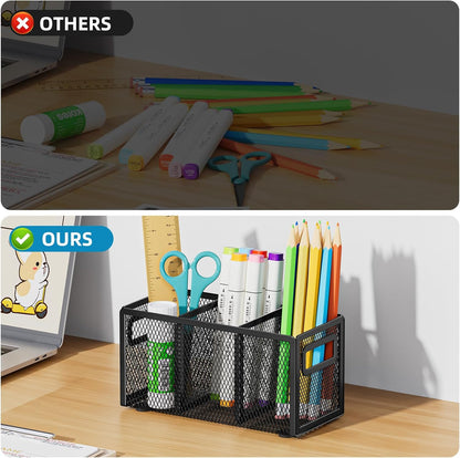 Marbrasse 2P Mesh Pen Holder for Desk,Pencil Holder Desk Organizer 3 Adjustable Compartments,Pencil Cup with Handle Perfect for Classroom, Office, Home,Makeup,Art (Black)