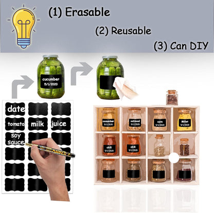 Chalkboard Labels, 72 Pcs Waterproof Reusable Chalk Stickers with Erasable Chalk Marker for Jars, Storage Bins, Kitchen, Parties, Weddings, Craft Rooms
