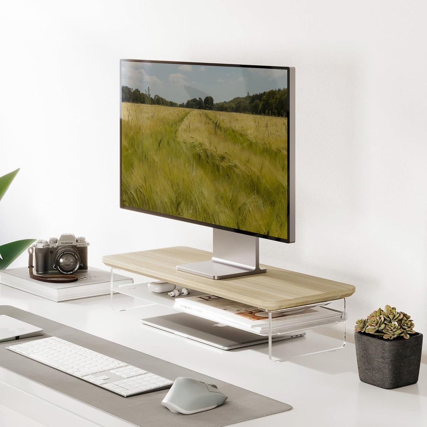 Fenge Acrylic Monitor Stand Riser, 23.6 Inches Monitor Stand with Metal Storage, 2 Tier Acrylic Computer Riser for Desk, Clear Laptop Stand for PC, Laptop, Printer, TV