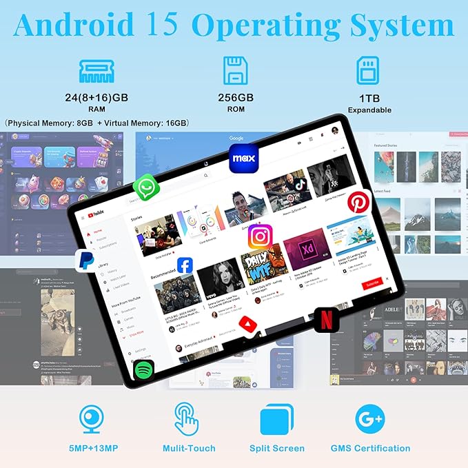 11 Inch Tablet, 2025 Android 15 Tablets with Octa Core, 24GB+256GB, 13+5MP Camera, Electronics Tablets with Widevine L1, 8000mAh Battery, 5G WiFi, GPS, HD IPS Display, 1TB Expand, BT 5.0 -Metal Black