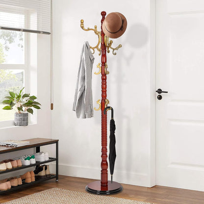 Wooden Coat Rack Freestanding, Vintage Coat Racks with Sturdy Round Base, Adjustable Height 37.40"-72.83" Entrance Coat Rack for Bedroom Living Room Entryway (Solid wood Begonia)
