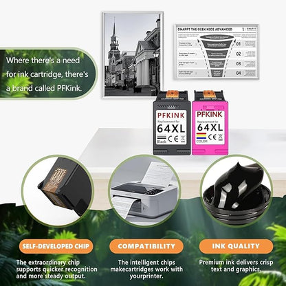 64XL Ink Cartridge Replacement for HP Ink 64, 64XL Ink Cartridge Combo Pack Works with Envy Photo 7855 7858 6252 6255 7800 7100 7155 7158 Tango Series Printer (1Black 1Color)
