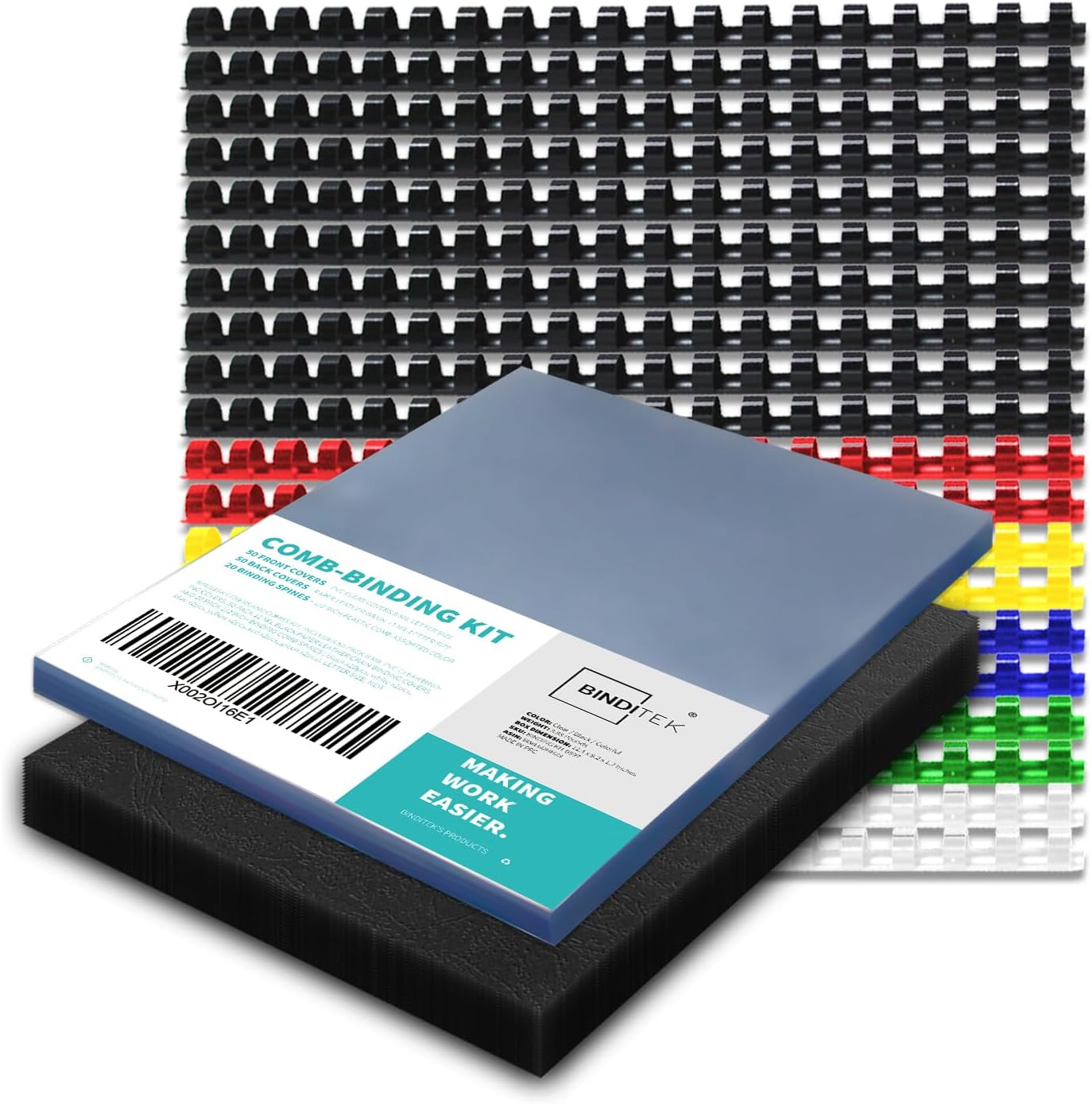 Binditek 120 Pack Binding Covers and Combs kit, Includes 50 Pcs 8mil Clear PVC, 20 Pcs 1/2" Binding Combs, 50 Black Paper Covers, for Letter Size