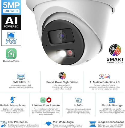 5MP IP PoE Camera, Outdoor Turret Camera with Mic, Hikconnect/SADP/iVMS4200, Smart Color Night Vision, Low light Starlight, Human Vehicle Detection, 114° Wide Angle, Metal IP67, 512GB SD Slot