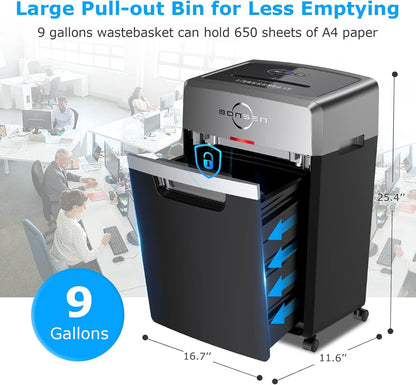 BONSEN Heavy Duty Paper Shredder, 24-Sheet Cross-Cut Shredder, 40-Min Continuous Running Time, Commercial Grade Shredder for Office, 9-Gallon Big Basket, 55dB Super Quiet, P-4 High Security (S3105)