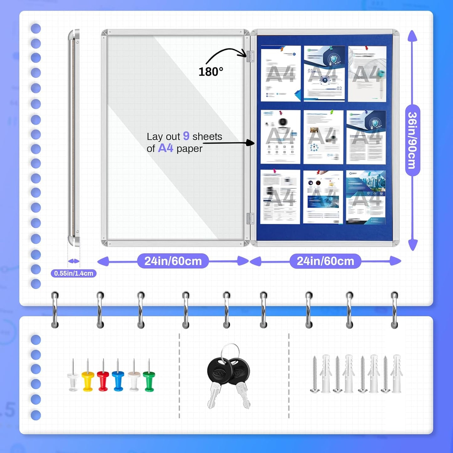 Magula 36"x24" Enclosed Bulletin Board Tamper-Proof Dispaly Case, Aluminium Frame, Shatter Resistant Lockable Bulletin Board, Lockable Noticeboard for School, Office, Commercial, Hospital etc