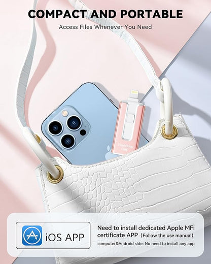 MFi Certified 256GB Flash Drive for iPhone iPad, Photo Stick for External Memory Storage, Easily Back Up and Save Photos Videos, 4 in 1 Memory Stick Thumb Drive for iPhone/iPad/Android/PC (Light Pink)