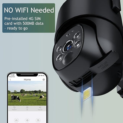 4G LTE Outdoor Security Camera, 2K PTZ Solar Powered Surveillance Cam with SIM Card, PIR+Smart Motion Tracking, 360° Pan Tilt, Night Vision, Two-Way Audio, IP65 for Home/Jobsite/Farm