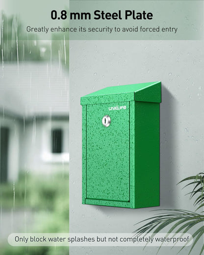 Uniclife Green Key Drop Box for Outside, Metal Safe Suggestion Box with Key Lock, Collection Boxes Donation Chest, Wall Mounted Mailbox with Top Slot, Steel Cash Drop Chest for Home Office Business