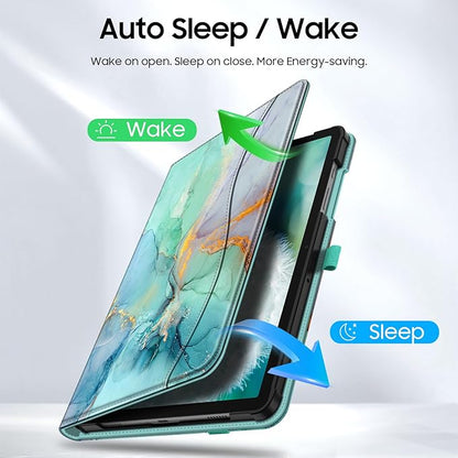Fintie Case for Samsung Galaxy Tab A9 Plus/A9+ 5G 11 Inch 2023 Model (SM-X210/X216/X218), Multi-Angle Viewing Smart Stand Back Cover with Pocket Auto Wake/Sleep, Emerald Marble