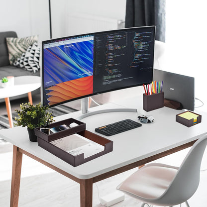 4 Pack Leather Office Supplies/Desk Organizer for Letter Paper Tray,Sticky Note Holder,Pen Cup,Stackable Small Letter Mail Sorter Tray,Workspace Decor for Women Men (Brown, 4-piece set)