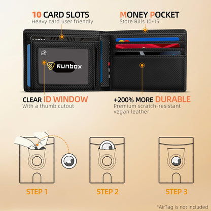 RUNBOX AirTag-Wallet-Mens-Slim-RFID Blocking Wallets Leather with Bill Compartment Air Tag Bifold Card Holder Wallet Gifts for Men Dad