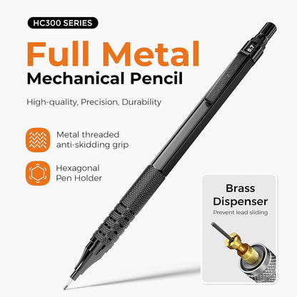Four Candies Metal Mechanical Pencil Set, 3PCS Art Drafting Pencils 0.5, 0.7, 0.9MM & 2PCS 2MM Mechanical Drawing Pencils with 420PCS Leads (4B 2B HB 2H Color) for Writing Sketching Drawing (Black)