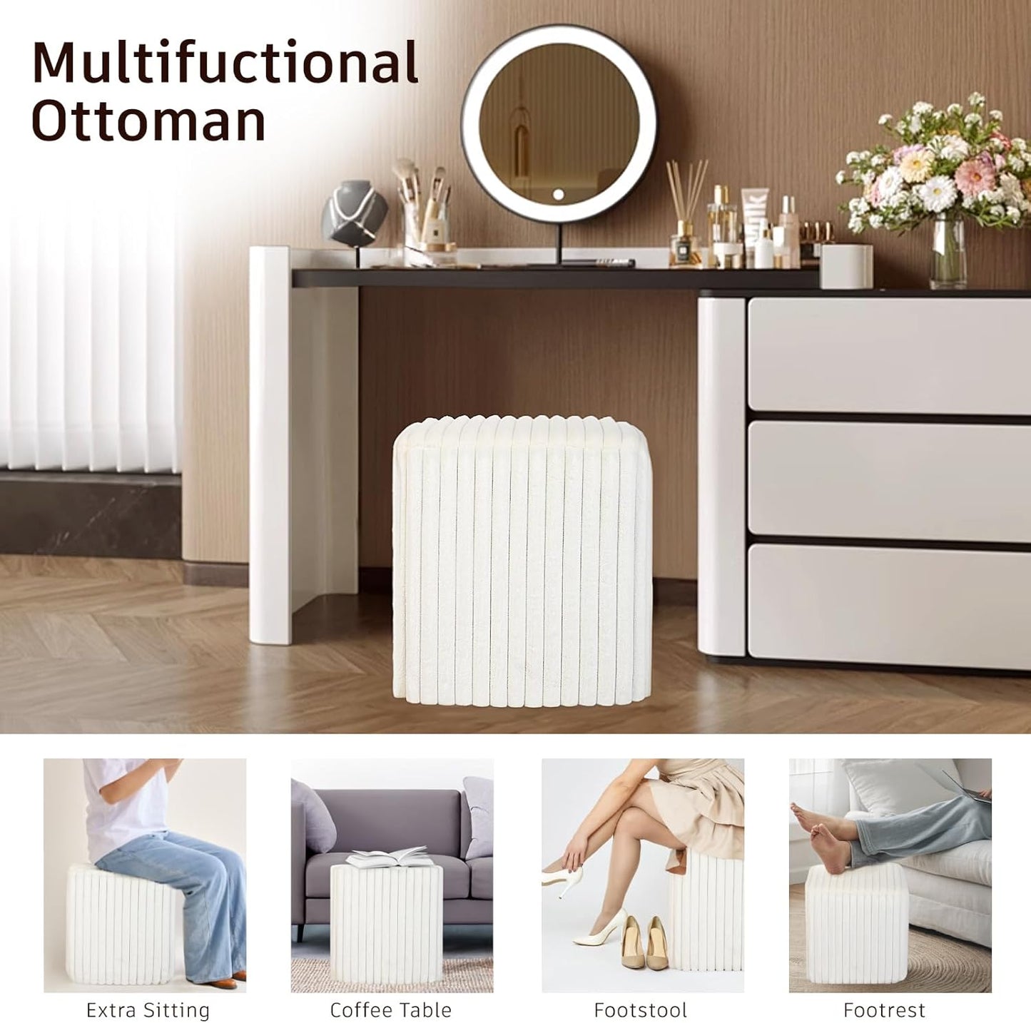 Modern Square Ottoman, Vertical Channel Tufted Foot Stool Ottoman, Velvet Upholstered Vanity Stool for Makeup, Bedroom, Living Room, White