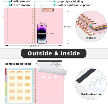 Ospelelf Leather Clipboard Folio with Notepad for Letter Size, Spiral Clipboard Folder with Storage Zipper Pouch, 5 Folders with 10 Pockets, 39 Divider Label Stickers, Pen Loop Series (Pink)