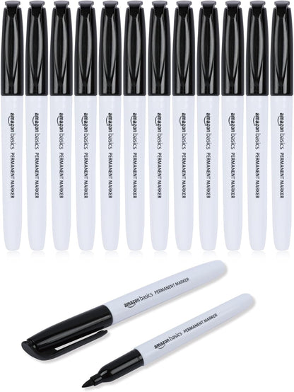 Amazon Basics Fine Tip Point Permanent Markers for Office, School, and Home Use, Black, 12 Pack