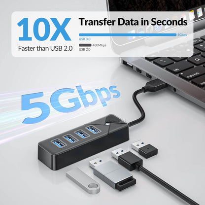 PG4U-U3 4-Port USB 3.0 Hub - 0.15M Cable, 5Gbps High-Speed Data Transfer, Multi USB Port Expander for Windows/Mac/Linux, USB Splitter for PC, Laptop, Mac/MacBook Air/Pro - Black