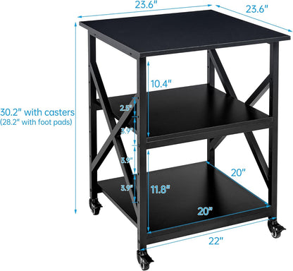 Printer Stand, 23.6 x 23.6 x 30.1 Inches Large Square Printer Table with Height Adjustable Storage Shelf, 3 Tier Rolling Printer Cart with Industrial Wheels for Home Office - Black