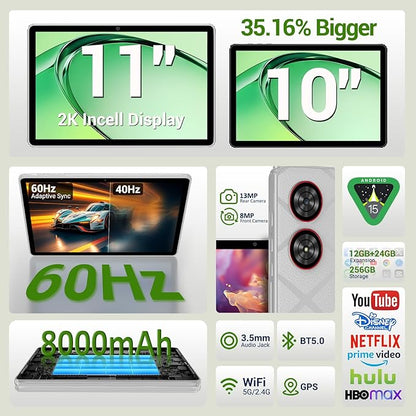 2025 Tablet 11 inch Android 15 Tablets with Keyboard Stylus Mouse: 2K IPS Tablette (2000x1200), 36GB+256GB(2TB TF)-Gray