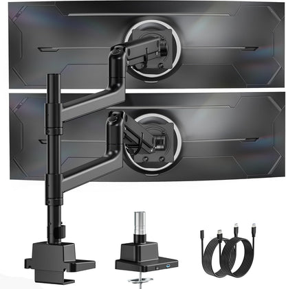 monTEK 17-57 Inch Dual Ultrawide Monitor Arm for Up to 59.4lbs Screen, Aluminum Heavy-Duty Gas Spring Vertical Stackable Curved Screen Adjustable Monitor Stand,75/100mm Vesa Mount, Black