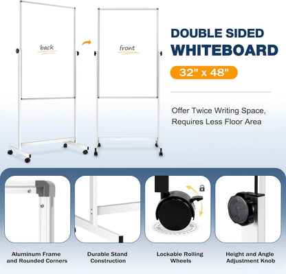 [21 Sq/ft] Large Double-Sided Rolling Whiteboard, 32"x48" Reversible Dry Erase Board with Stand, Magnetic White Board on Wheels, Standing Mobile Whiteboard, School Supplies, Classroom, Office, Home