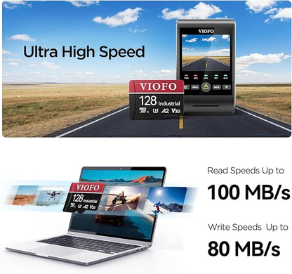 VIOFO 128GB Industrial Grade microSD Card, U3 A2 V30 High Speed Memory Card with Adapter, Support Ultra HD 4K Video Recording