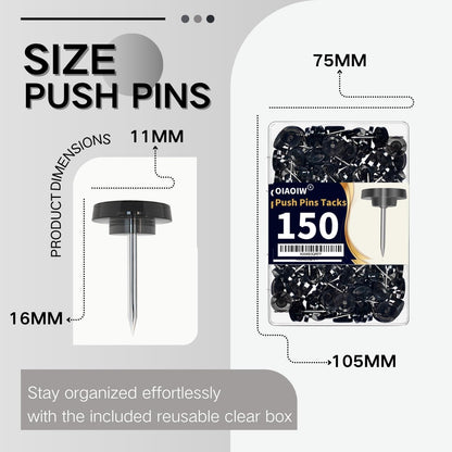 150 PCS Flat Black Push Pins for Wall Clear Thumb Tacks for Walls Flat thumbtacks Push pin for Bulletin Board Shadow Box Display Thumbtack for Cork Board