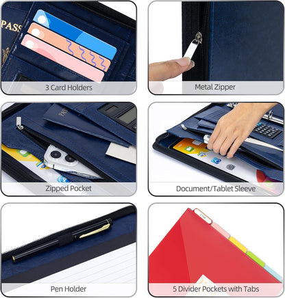 Ospelelf 3 Ring Portfolio Binder with Zipper, Leather Clipboard with Storage, Padfolio Folder for Men, 12.1” Tablet Sleeve, 5 Dividers with Pocket, Refillable Notepad, Card Slot (Navy Bule)