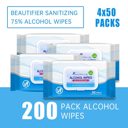 75% Alcohol Wet Hand Sanitizing Wipes - With Aloe, Moisturizer, and Vitamin E Formula - Premium Sanitizer for Travel, Home, Office, and School Use (Aloe, 200)