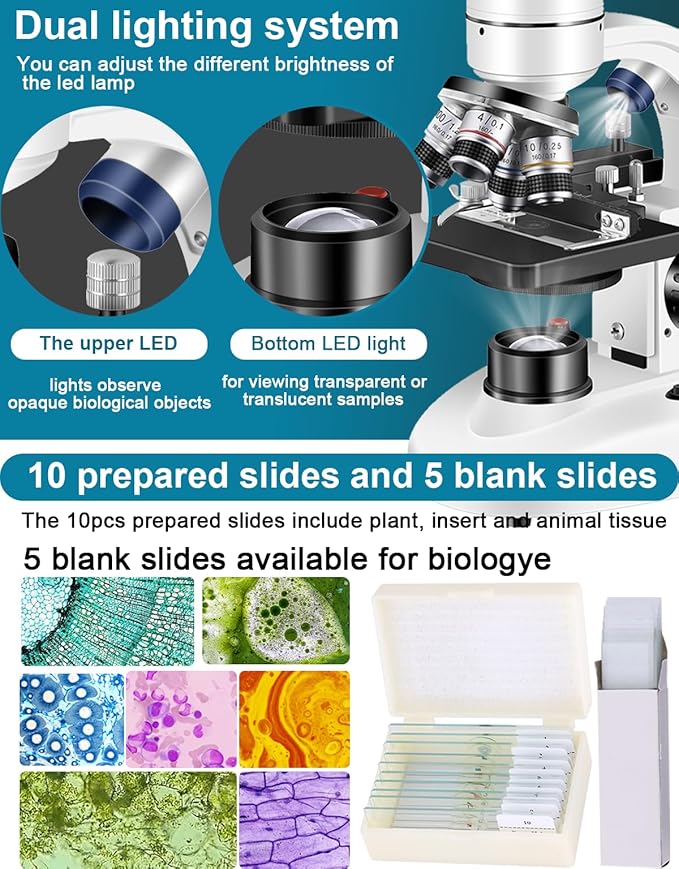 Adult Trinocular Microscope WF10x and WF25x Eyepieces 40X-5000X Magnification, Digital Lab Trinocular Compound LED Microscope (Trinocular Microscope with Electronic Eyepieces)