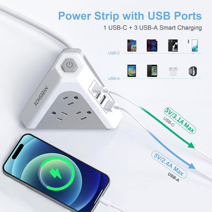 Tower Surge Protector Power Strip, NVEESHOX 9 AC Outlets with 4 USB Ports (1 USB C) 3-Side Triangle Outlets with USB Ports,6.5 Ft,Flat Plug, Charging Station with Surge Protection