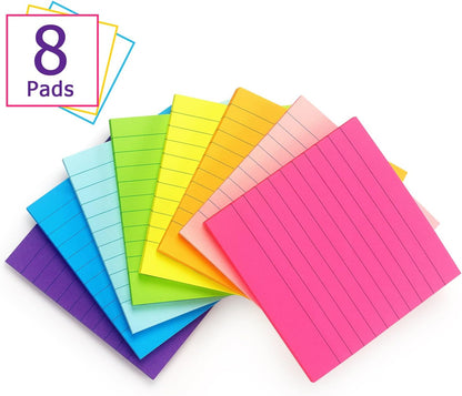 Eastern Wolf 8 Pads Lined Sticky Notes 4x4 Sticky Notes with Lines Self-Stick Note Pads 8 Bright Multi Colors, 50 Sheet/Pad