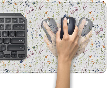 Wildflowers Flowers Mouse Pad,Large White Floral Mousepad Desk Pad with Stitched Edges,Non-Slip Waterproof Rubber Base Mouse Mat for Office Computer Keyboard Laptop Home(27.5x11.8 in)