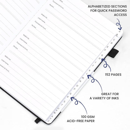 Password Book with Alphabetical Tabs, Hardcover Password Keeper, A5 Size 8.3"x6" Password Notebook for Saving Internet Login, Username, Password Organizer for Computer & Website Logins(Black)