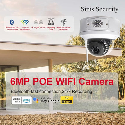 Sinis 6mp Security Camera Outdoor, 3K POE IP Dome Camera, Dual-Band 2.4/5GHz WiFi, Human Motion Detection, Two Way Talk, IR Night Vision, Waterproof, Cloud & Local Storage, Non-PT