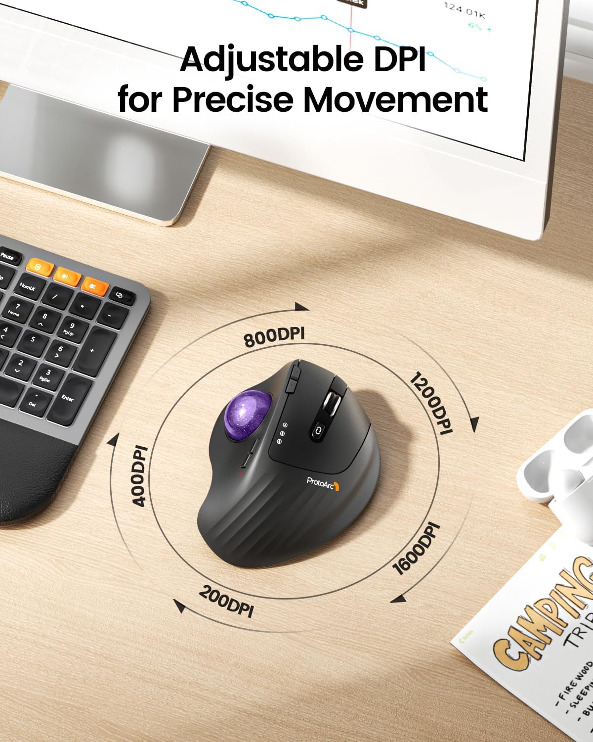 ProtoArc Wireless Trackball Mouse, EM01 NL Ergonomic Bluetooth Rollerball Thumb Rechargeable Computer Laptop Mouse, Adjustable Angle & 3 Device Connection for PC, Mac, Windows-Purple Ball