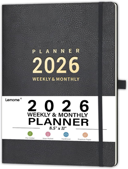 2026 Planner - 2026 Planner Weekly and Monthly, January 2026 - December 2026, 8.5" x 11", Pen Holder, Calendar Stickers, Pocket, 25 Notes Pages, Faux Leather Cover, A4 Premium Paper - Gray