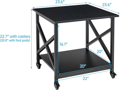 2 Tier Large Printer Stand, 23.6 x 23.6 x 22.6 Inches Square Printer Table with Storage Shelf, Rolling Printer Cart with Industrial Wheels for Home Office, Mini Fridge Stand Table - Black