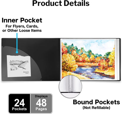 Dunwell Landscape 9x12 Presentation Book, (Black, Horizontal), 24-Pocket Binder with Plastic Sleeves, Displays 48 Pages 9 x 12 or A4 Certificates, Keepsakes, Kids Art, Acid-Free Poly Portfolio Binder