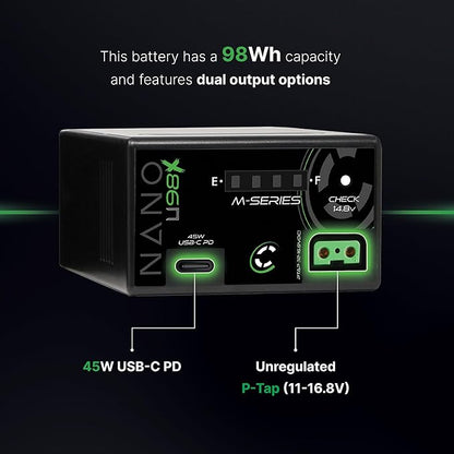 CoreSWX LLC Core NANOU98X, 98wh Micro Sized Sony BPU-Style Smart Battery Pack, 14.8v 6.6Ah. 10A Draw with Fuel Gauge, USBCPD and Ptap