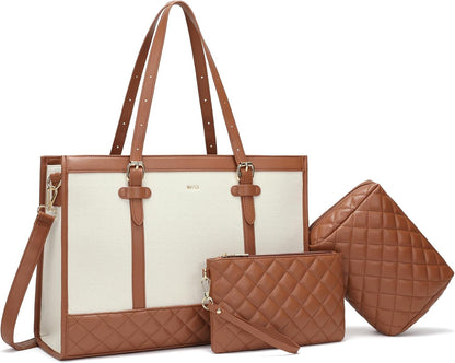 Keyli 3pcs Laptop Bag for Women,15.6 Inch Canvas Tote Bag Work Bags Large Business Computer Briefcase Shoulder Handbag Purse